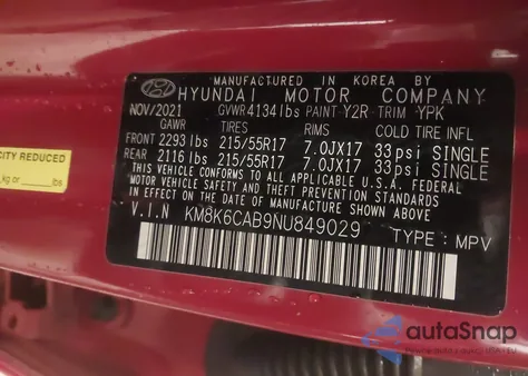 2022 Hyundai Kona Sel z USA, uszkodzony, nr VIN KM8K6CAB9NU849029